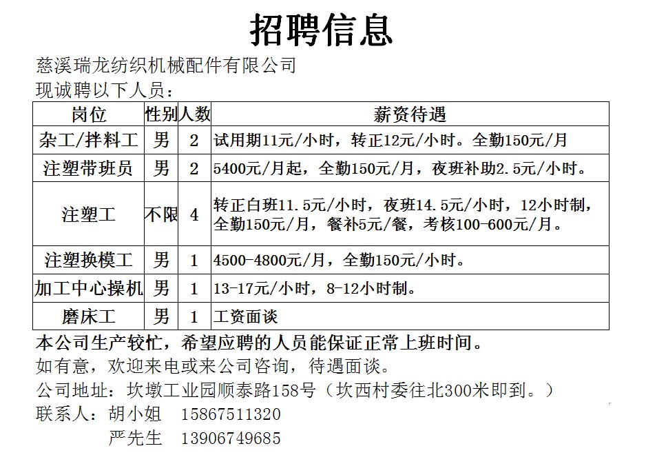 慈溪橫河工廠最新招聘信息速遞